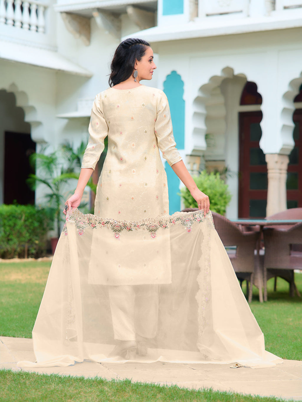 Cream Hand Embroidered Banarasi Jacquard Kurta Set