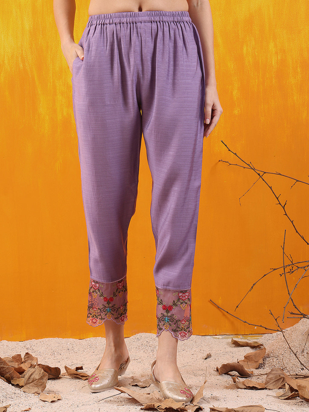 Lavender Chanderi Applique Embroidered Kurta Set with Dupatta