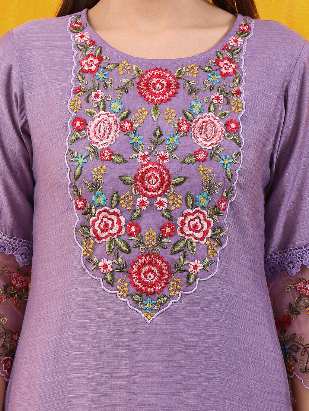 Lavender Chanderi Applique Embroidered Kurta Set with Dupatta