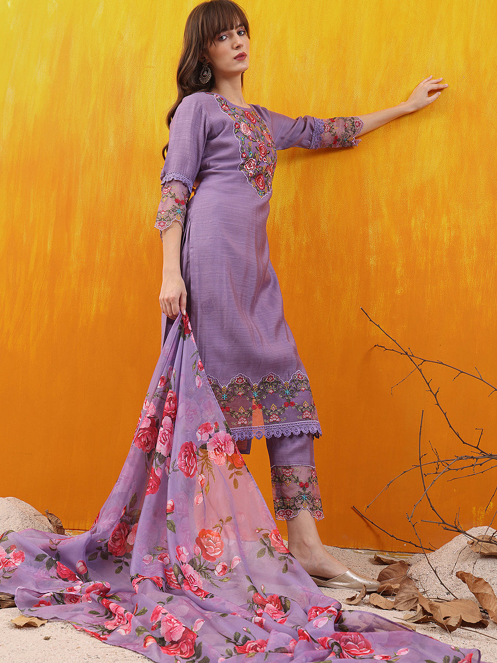Lavender Chanderi Applique Embroidered Kurta Set with Dupatta