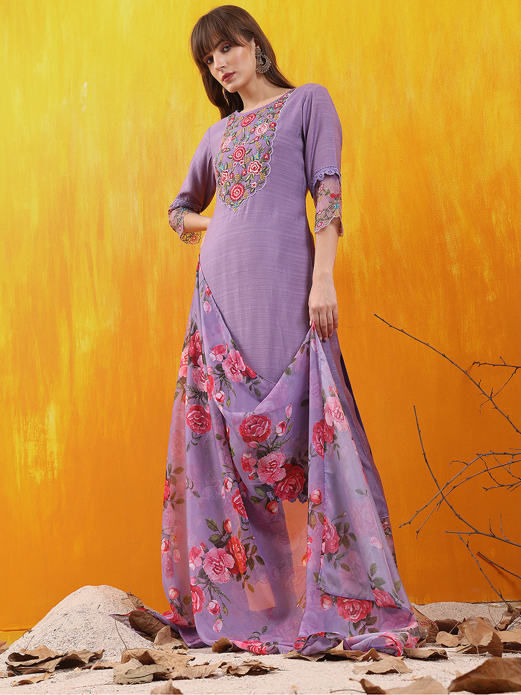 Lavender Chanderi Applique Embroidered Kurta Set with Dupatta