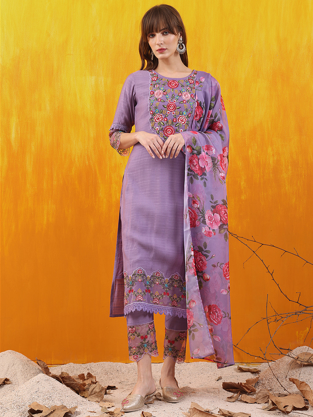 Lavender Chanderi kurta set with applique embroidery and printed dupatta