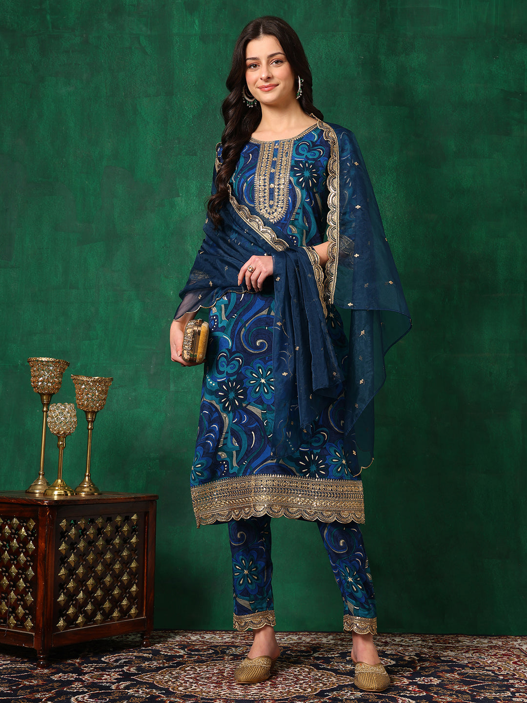 Blue Sequined Embroidered Kurta Set with Pant and Dupatta