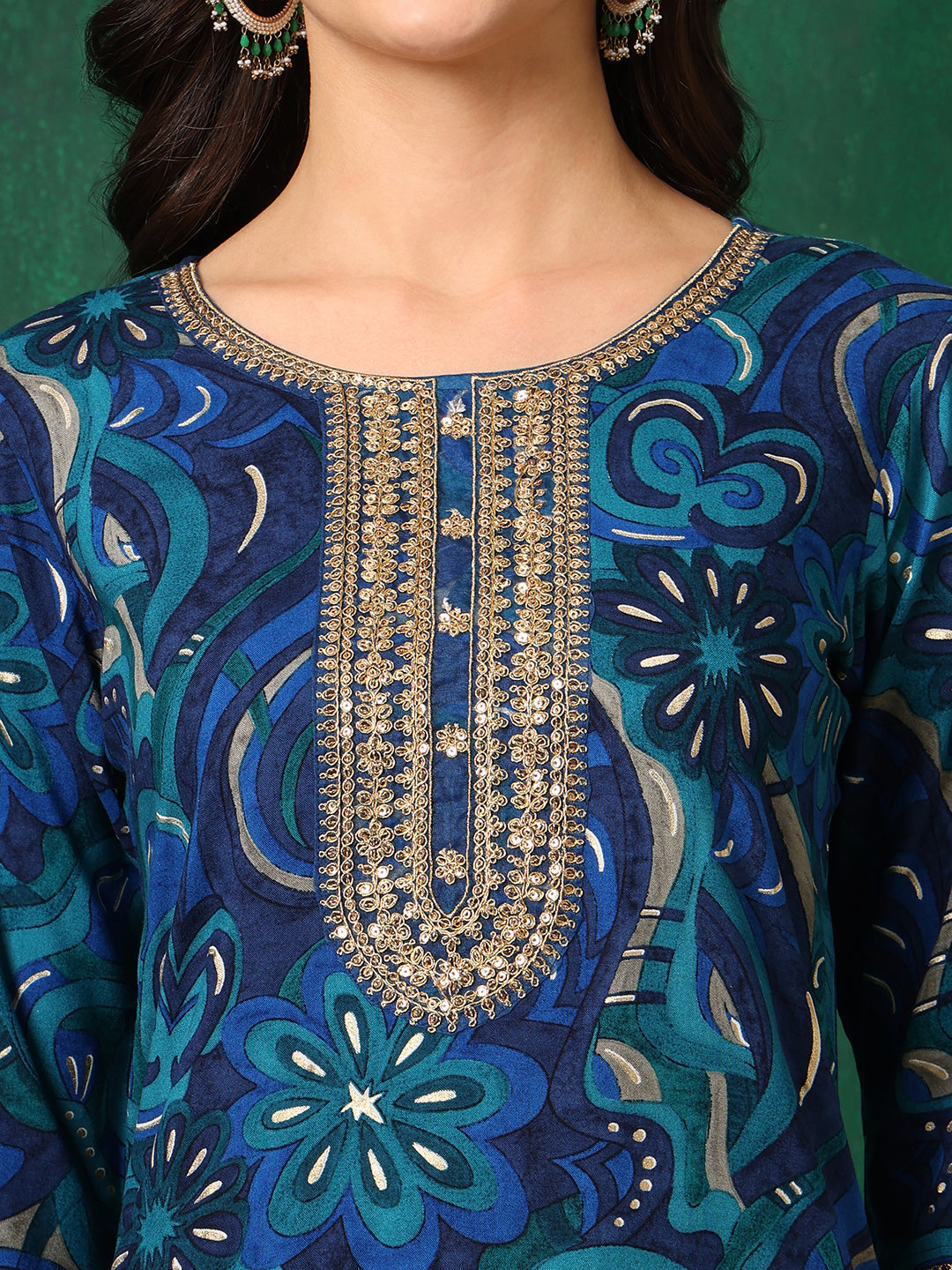 Blue Sequined Embroidered Kurta Set with Pant and Dupatta