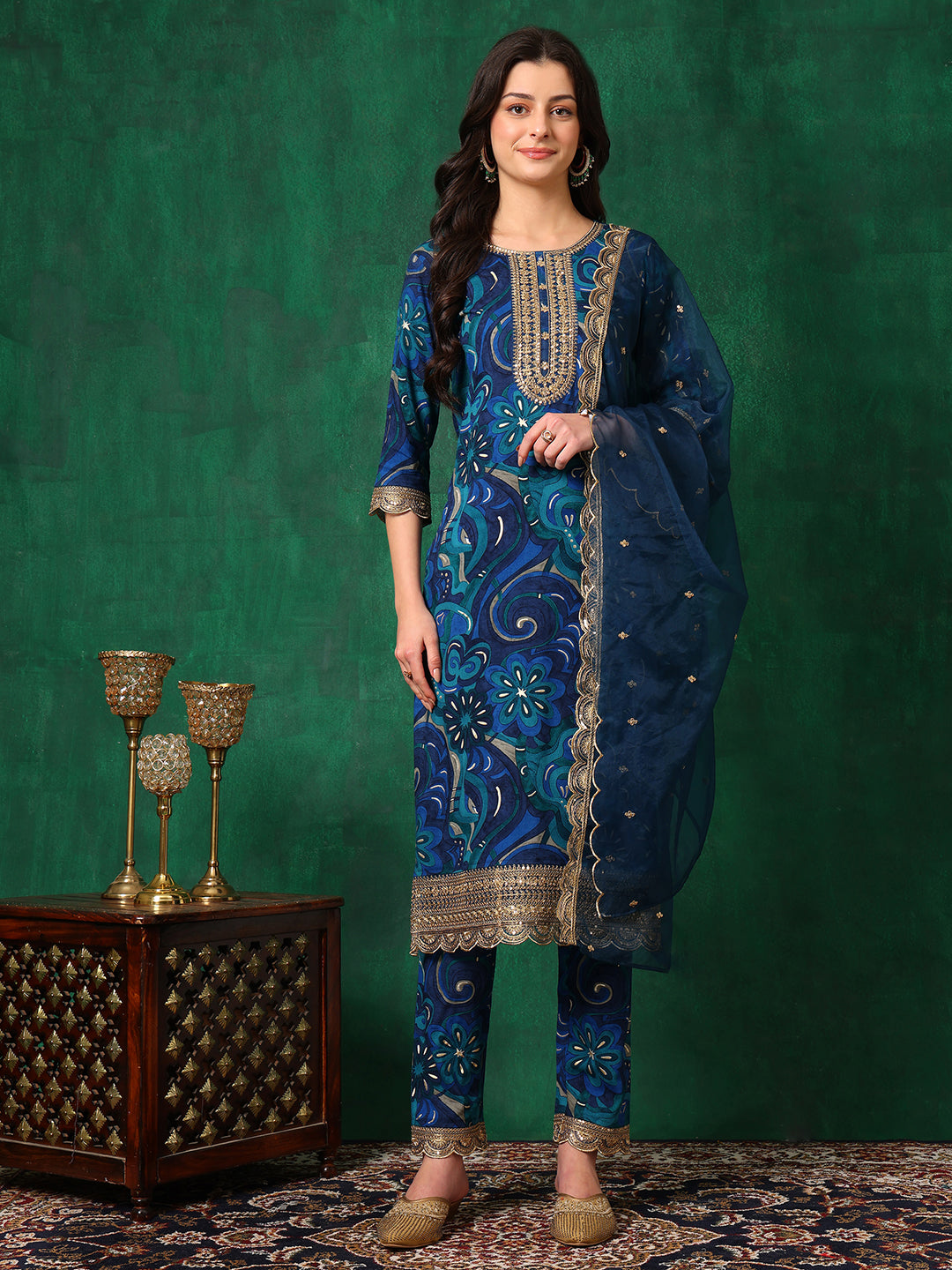 Blue sequined embroidered kurta with matching pants and dupatta