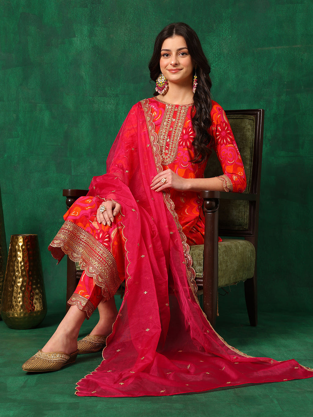 Pink Sequined Embroidered Kurta Set with Pant and Dupatta