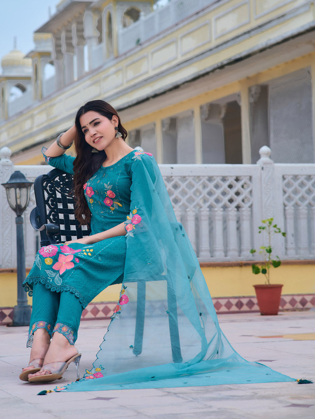 Blue Hand & Machine Embroidered Kurta Set with Embroidered Dupatta