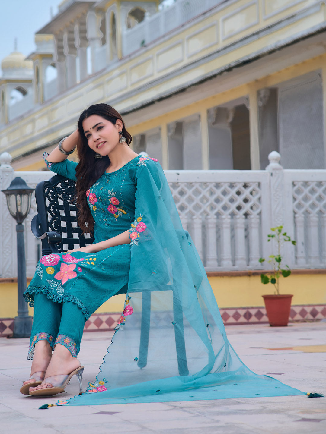 Blue Hand & Machine Embroidered Kurta Set with Embroidered Dupatta
