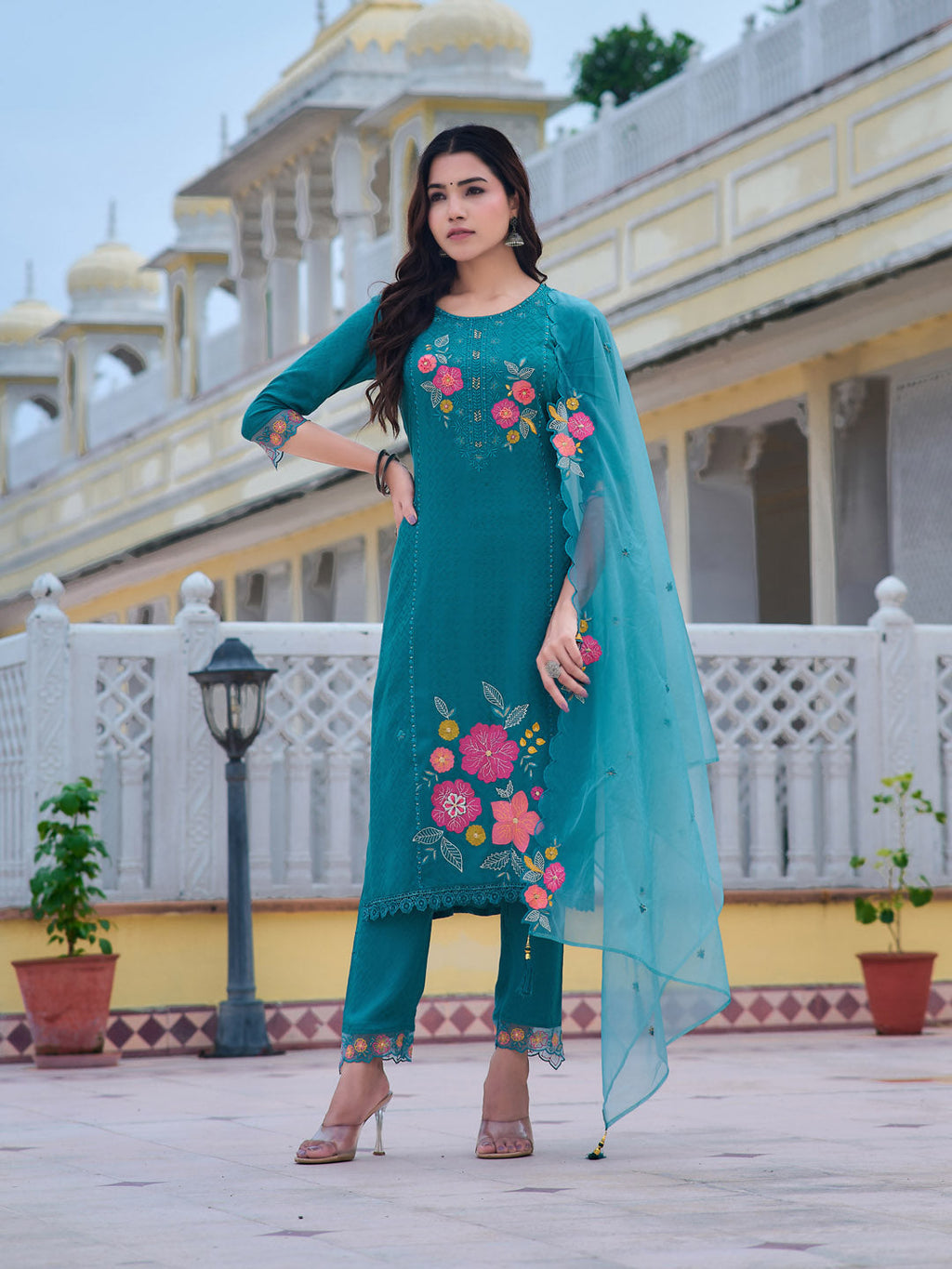 Blue Hand & Machine Embroidered Kurta Set with Embroidered Dupatta