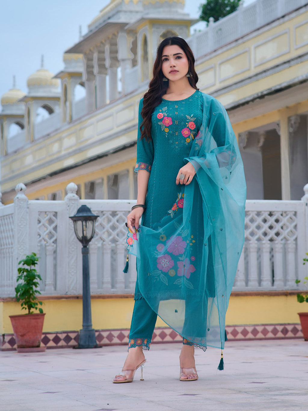 Blue rayon kurta set with intricate hand and machine embroidery and matching dupatta