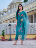 Blue rayon kurta set with intricate hand and machine embroidery and matching dupatta