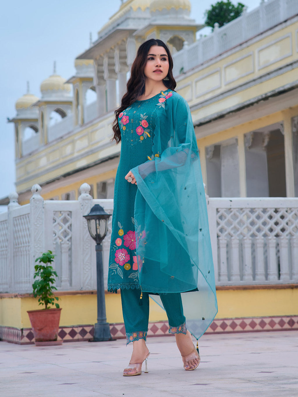 Blue Hand & Machine Embroidered Kurta Set with Embroidered Dupatta