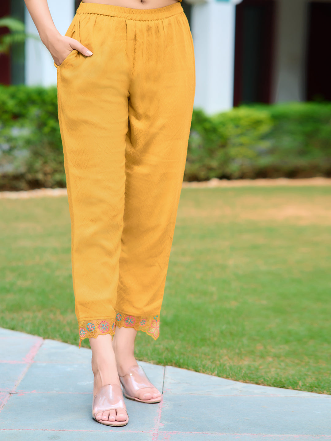 Yellow Hand and Machine Embroidered Kurta Set with Dupatta