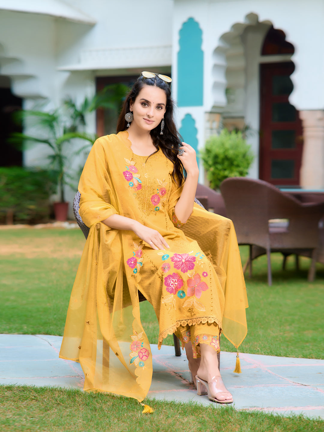 Yellow Hand and Machine Embroidered Kurta Set with Dupatta