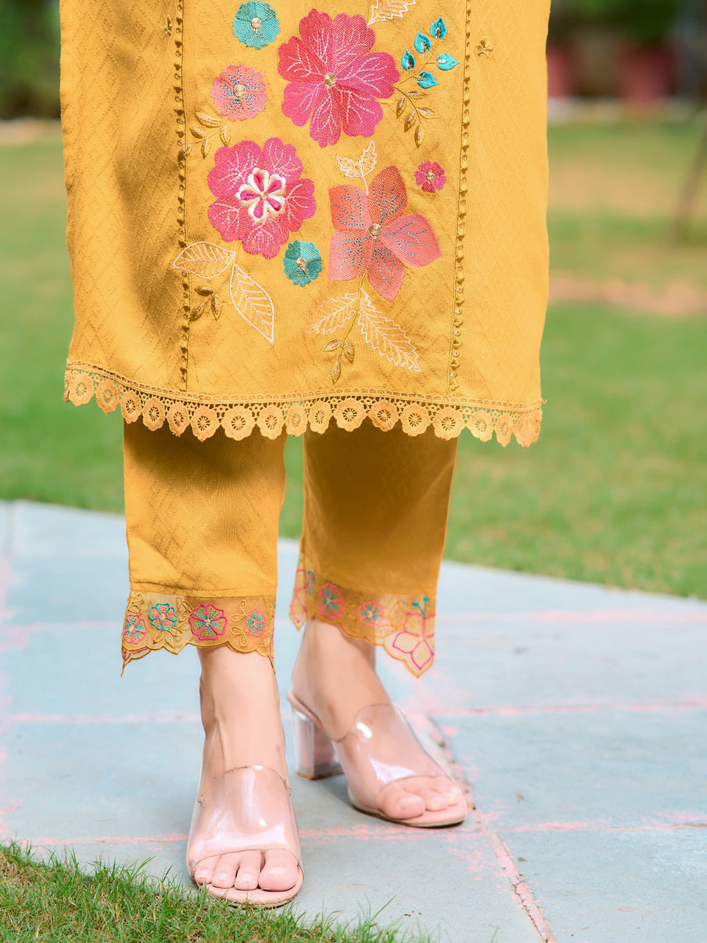 Yellow Hand and Machine Embroidered Kurta Set with Dupatta
