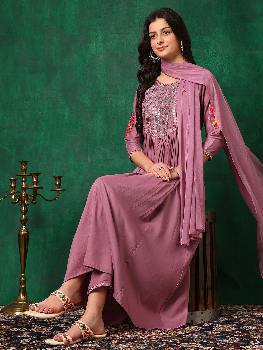 Lavender Mirror Embroidered Kurta Set with Dupatta