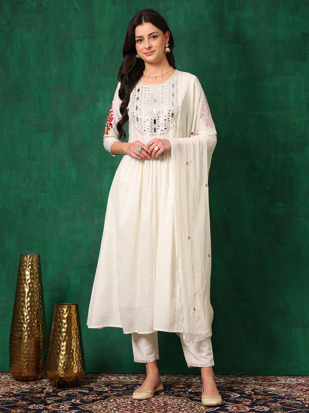 White mirror embroidered kurta set with matching pants and embroidered dupatta