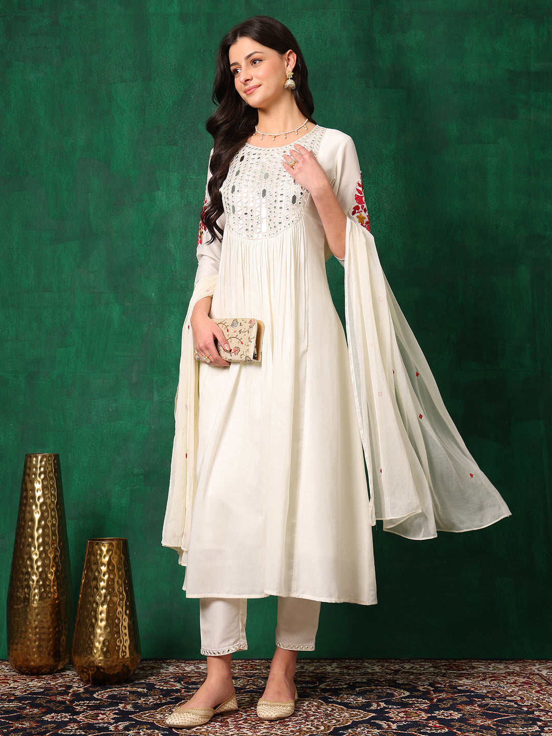 White Mirror Embroidered Kurta Set with Dupatta and Pant