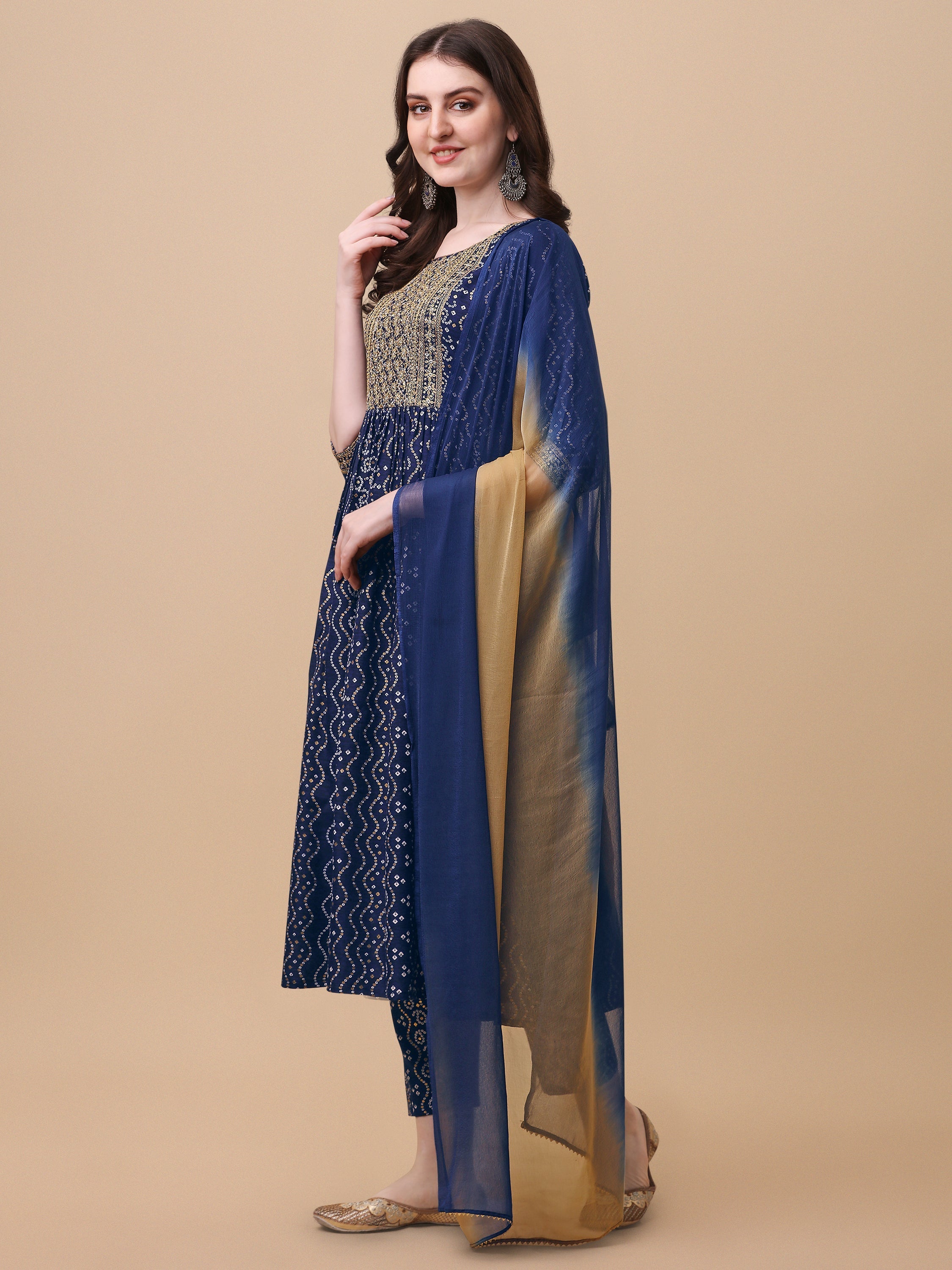 Nayra Cut Bandhani Printed Kurta Set with Pant and Dupatta
