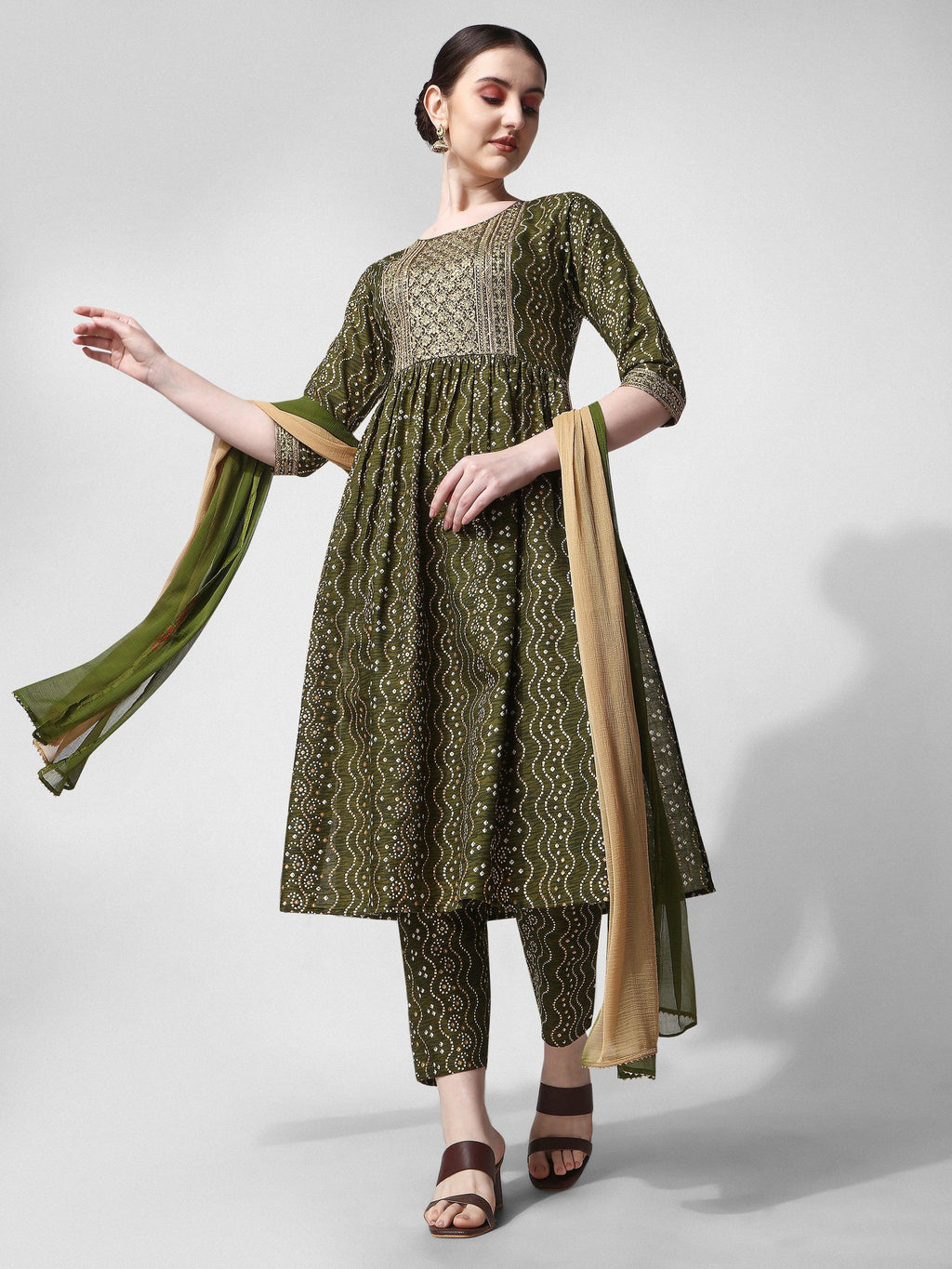 Green Nayra cut kurta with Bandhani print and embroidery, paired with pants and dupatta