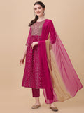 Pink Nayra cut Bandhani printed kurta with matching pants and dupatta featuring embroidery