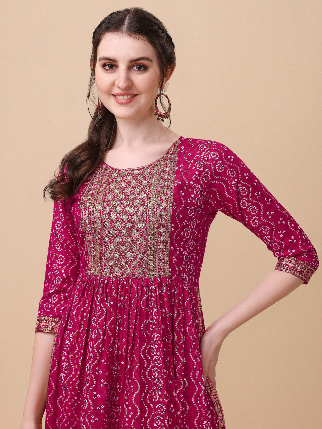 Pink Nayra Cut Bandhani Printed Embroidered Kurta With Pant Set