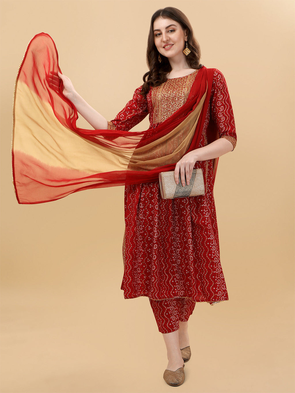 Multicolor Nayra cut Bandhani printed kurta with matching pants and dupatta