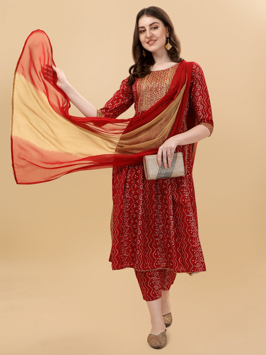 Multicolor Nayra cut Bandhani printed kurta with matching pants and dupatta
