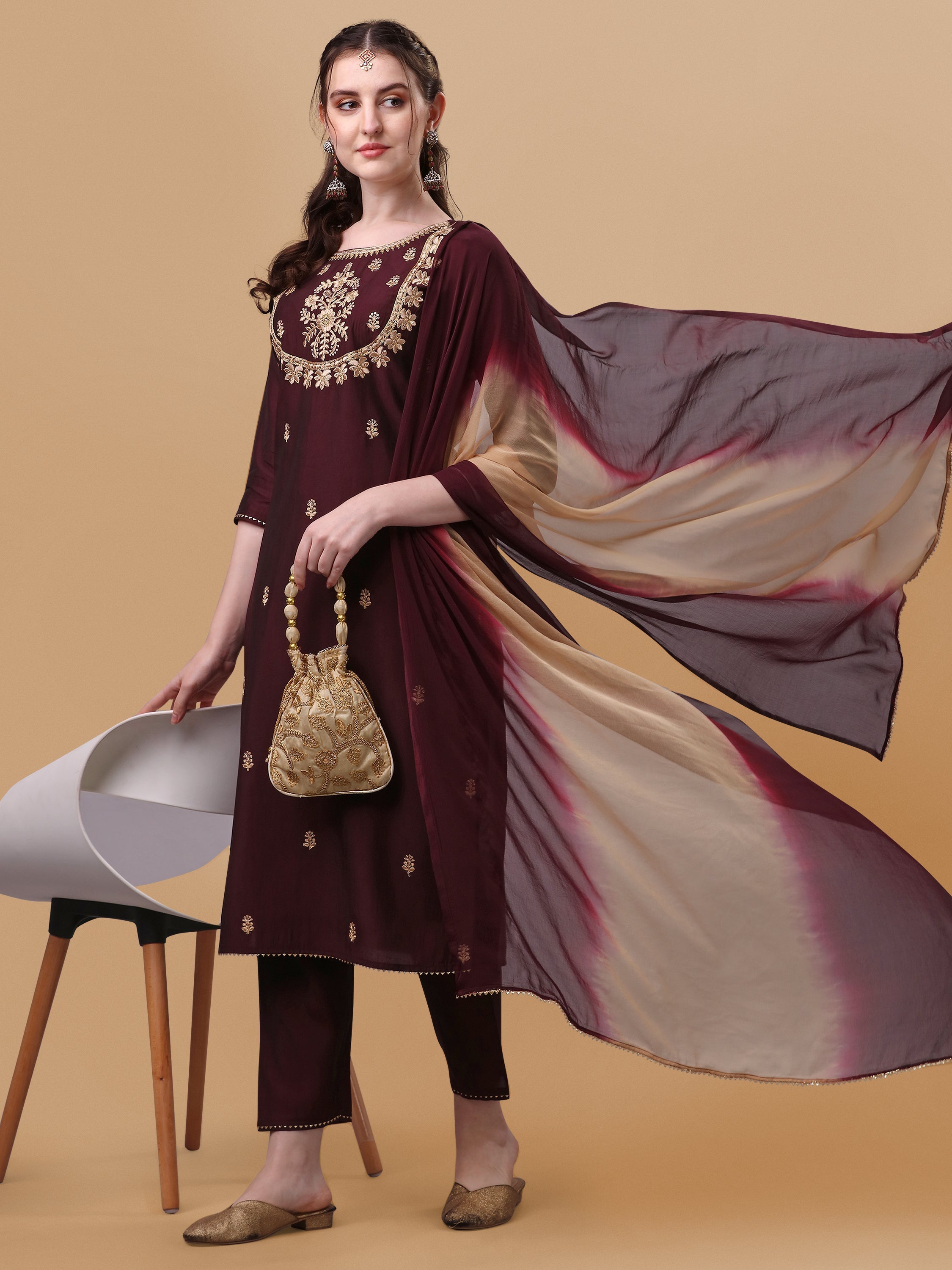 Multicolor embroidered kurta set with matching pants and dupatta
