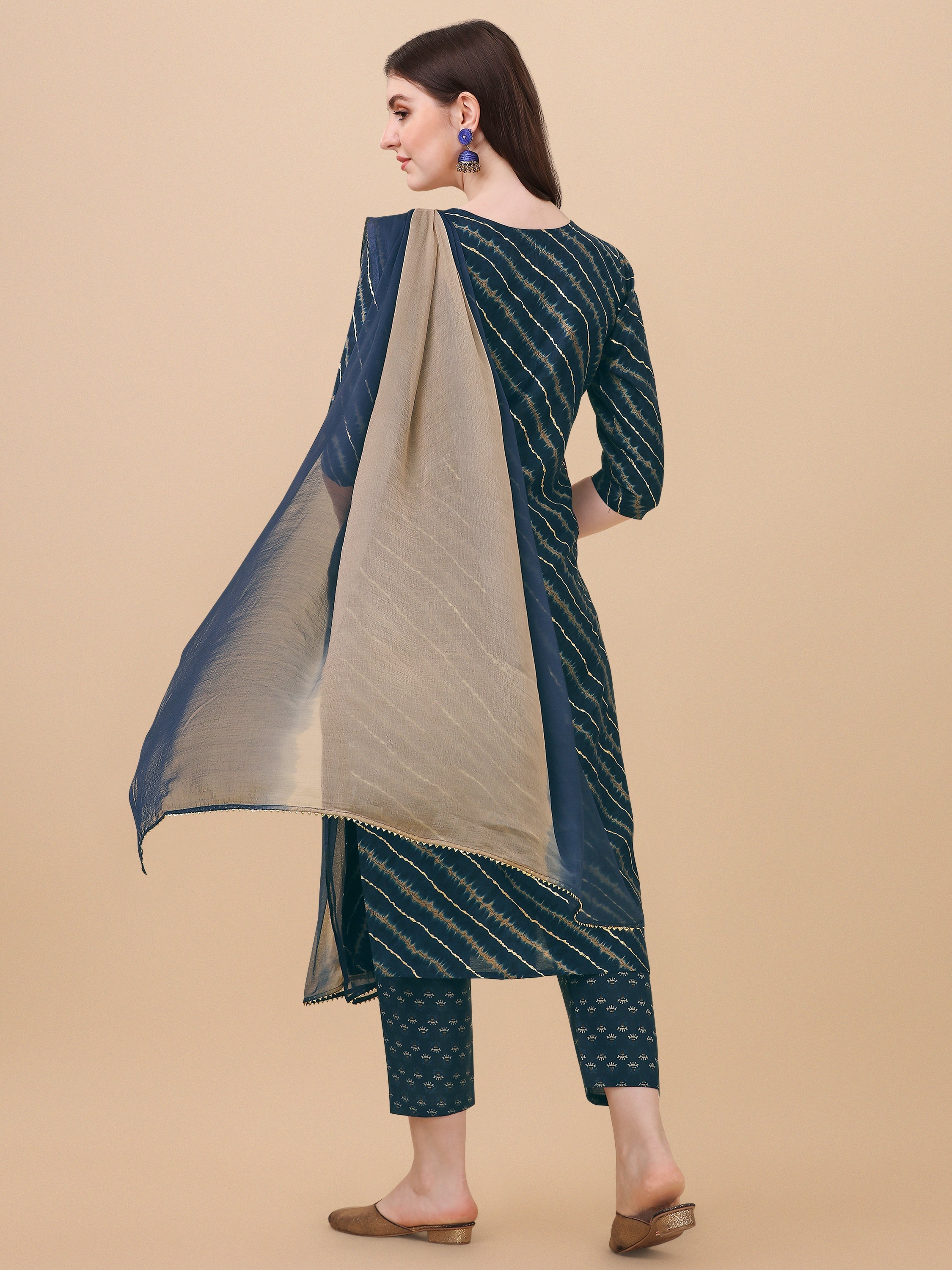 Multicolor Leheriya Printed & Embroidered Kurta Set with Dupatta