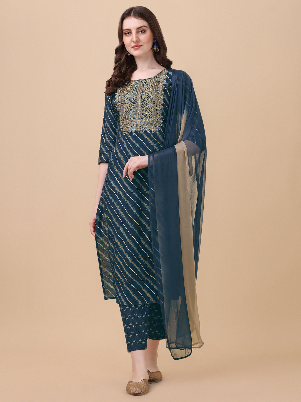 Multicolor Leheriya printed and embroidered kurta set with pant and dupatta