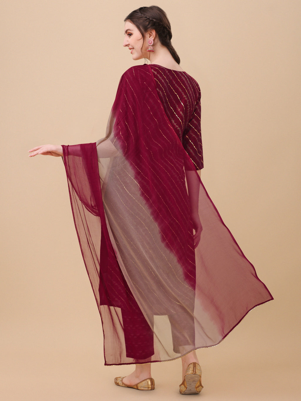 Multicolor Leheriya Print Kurta Set with Embroidery and Dupatta