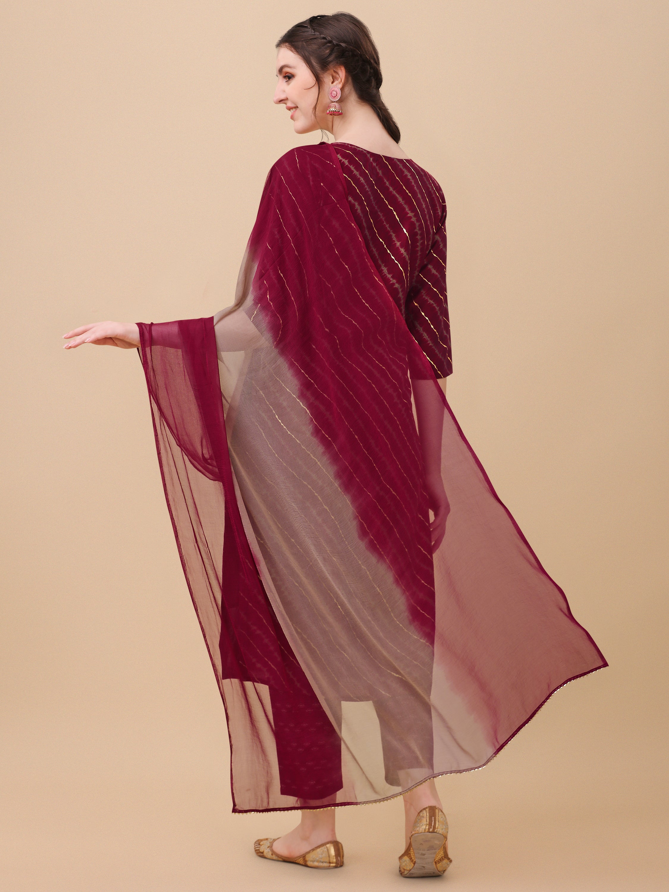 Multicolor Leheriya Print Kurta Set with Embroidery and Dupatta
