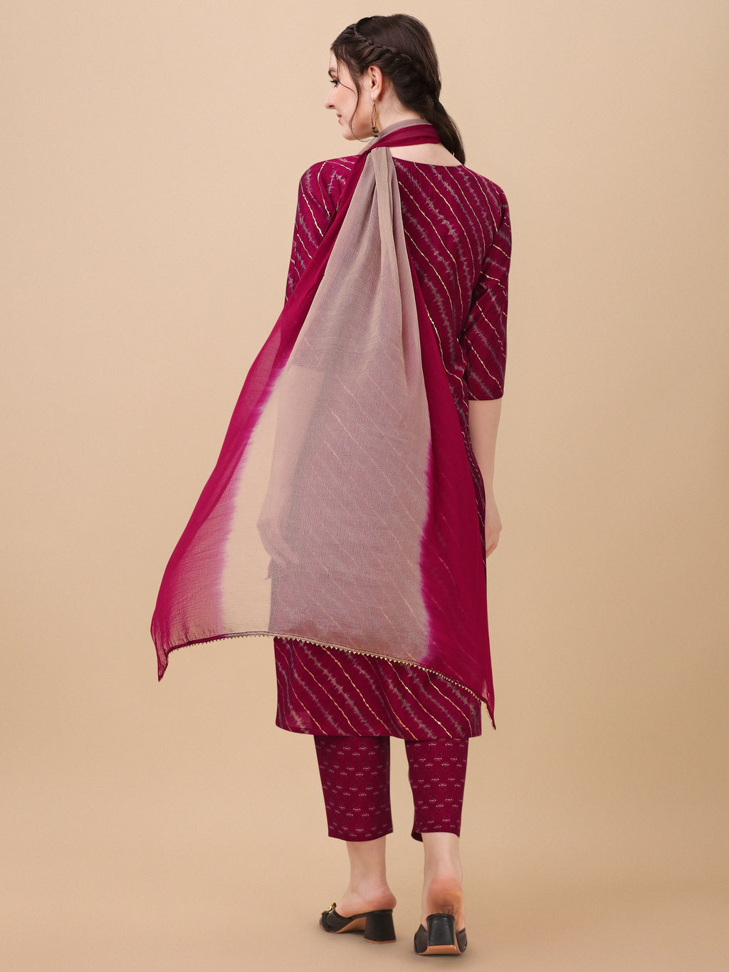 Multicolor Leheriya Printed Embroidered Kurta Set
