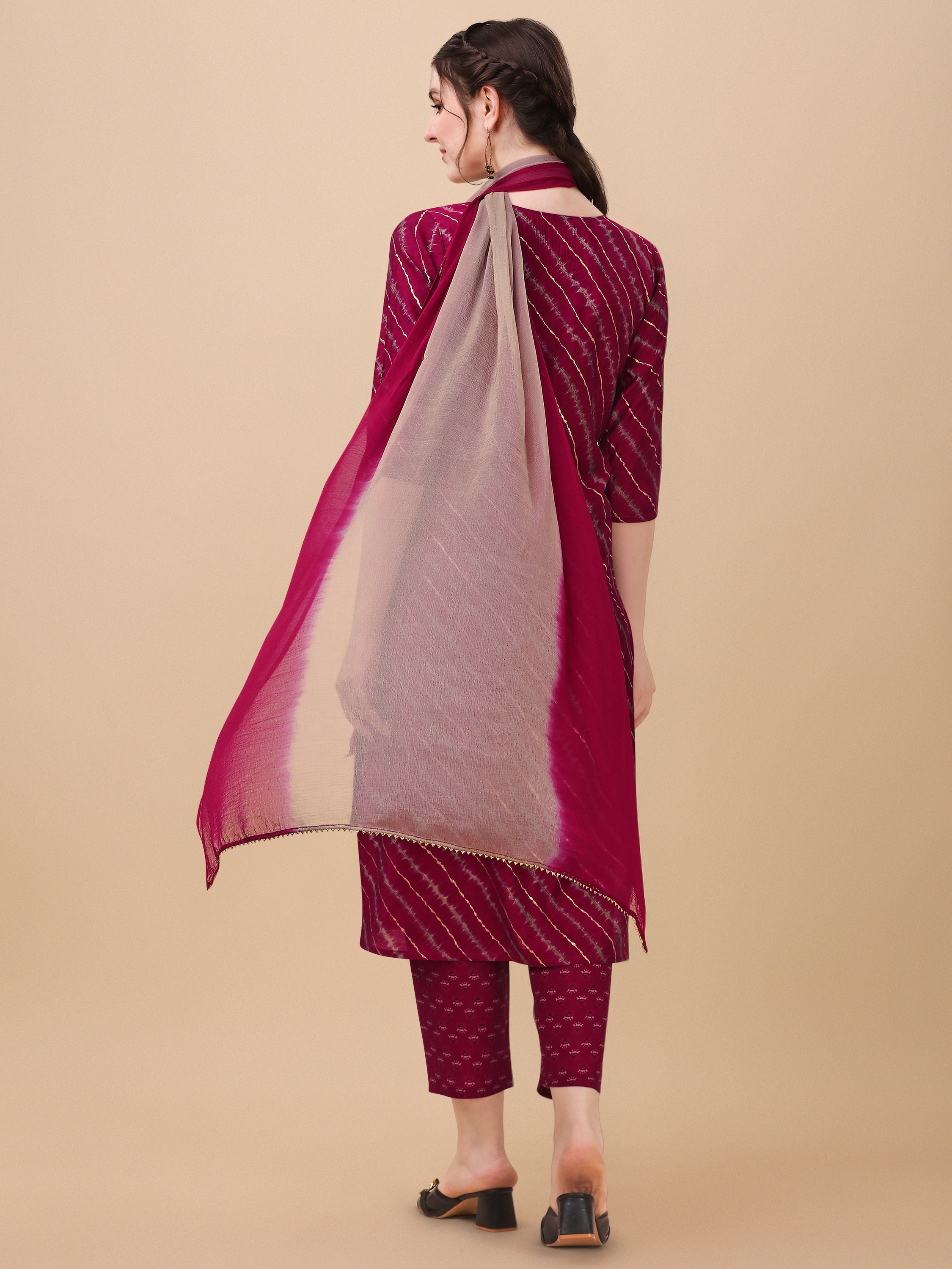 Multicolor Leheriya Printed Embroidered Kurta Set