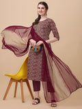 Multicolor printed kurta with matching pant and dupatta set in rayon fabric