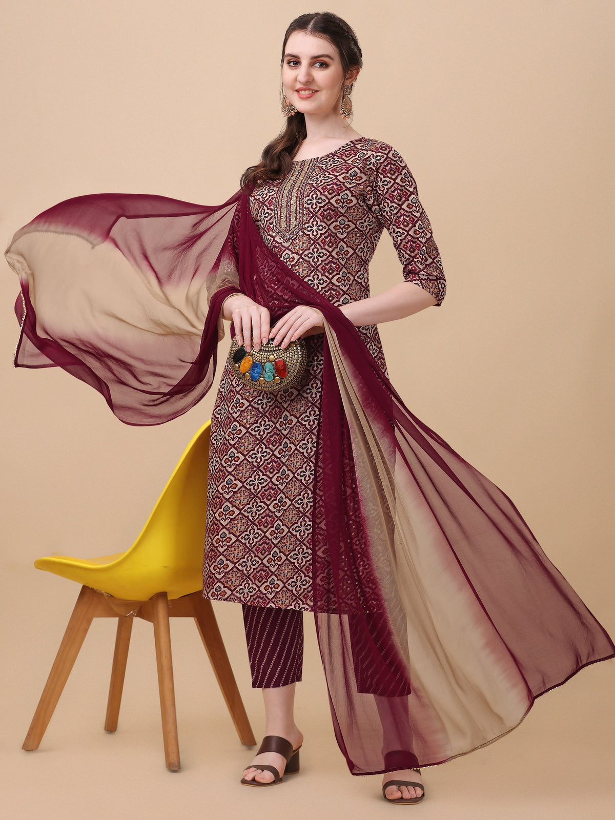 Multicolor printed kurta with matching pant and dupatta set in rayon fabric