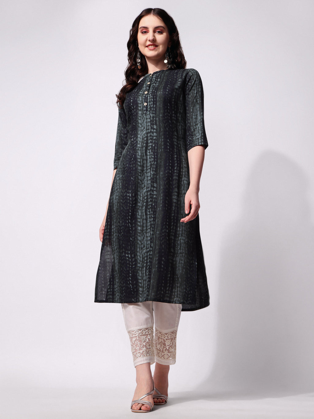 Multicolor Shibori printed rayon casual kurti with 3/4th sleeves
