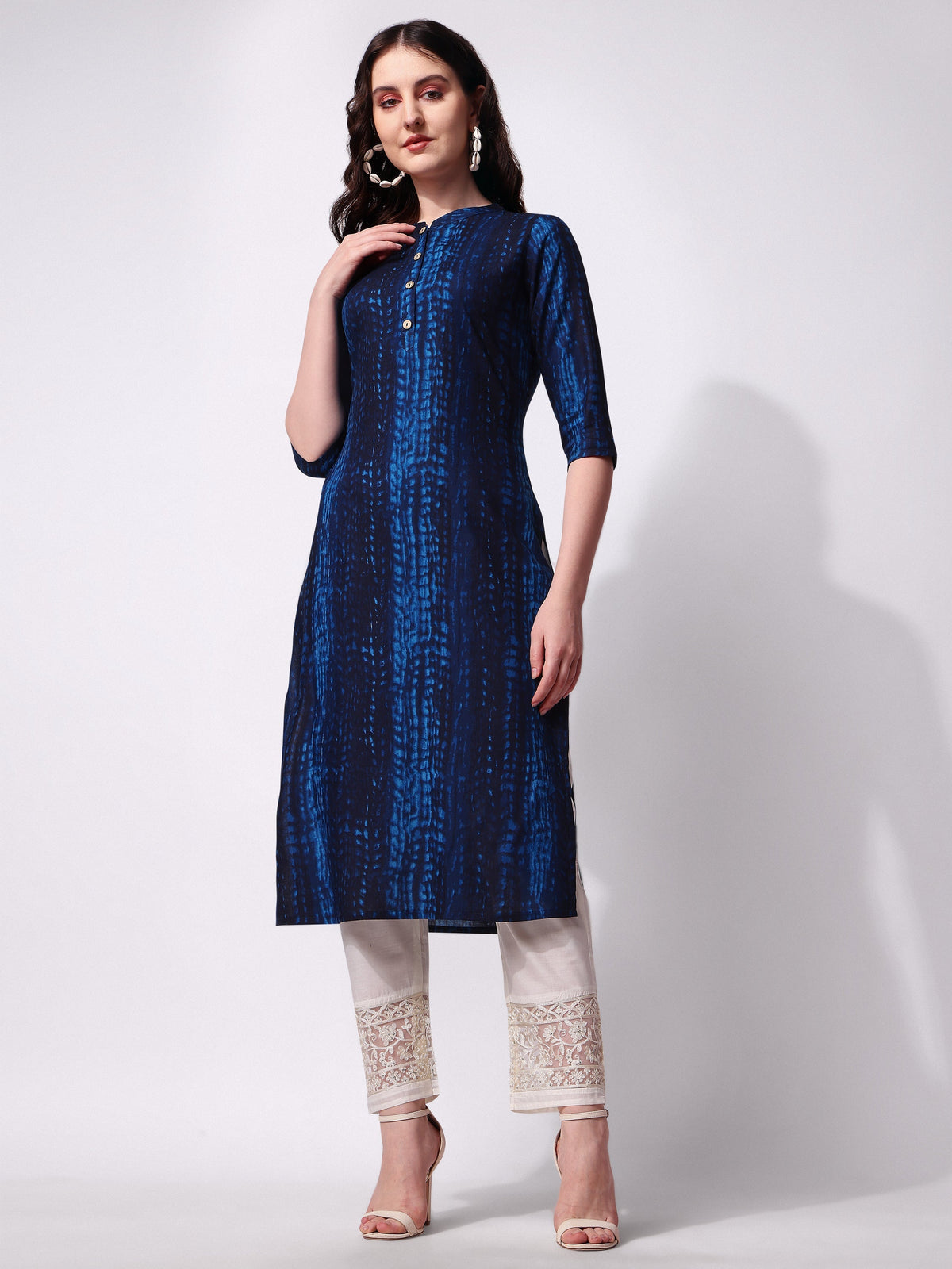Multicolor Shibori printed rayon kurta with collar neck and 3/4th sleeves, front button detail.