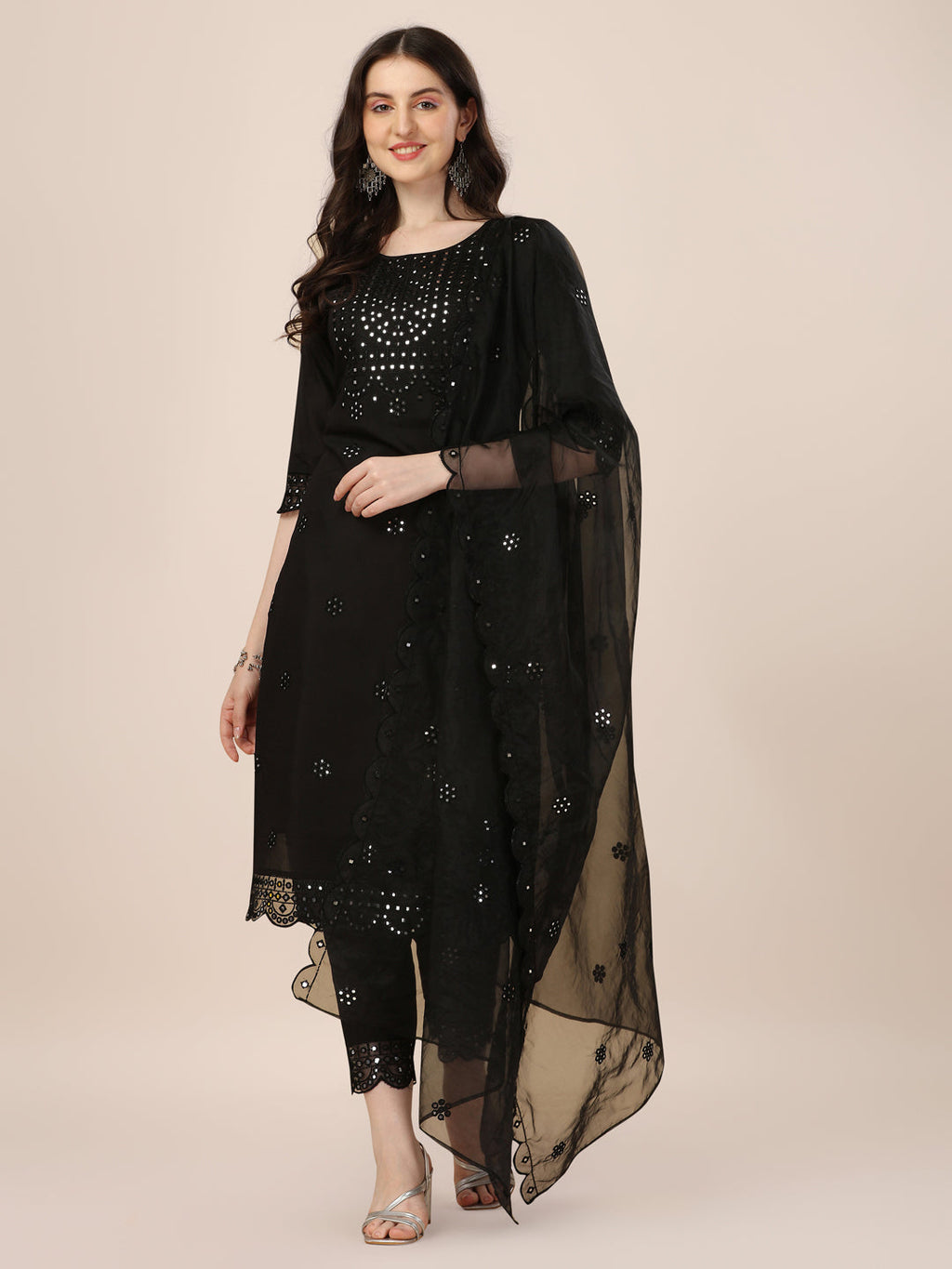 Multicolor mirror embroidered rayon kurta set with matching pant and dupatta
