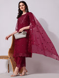 Three-piece multicolor rayon kurta set featuring intricate mirror embroidery with a matching dupatta.