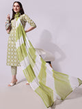 Hiral Fashion Green Printed Kurta with matching pant and dupatta set in rayon fabric