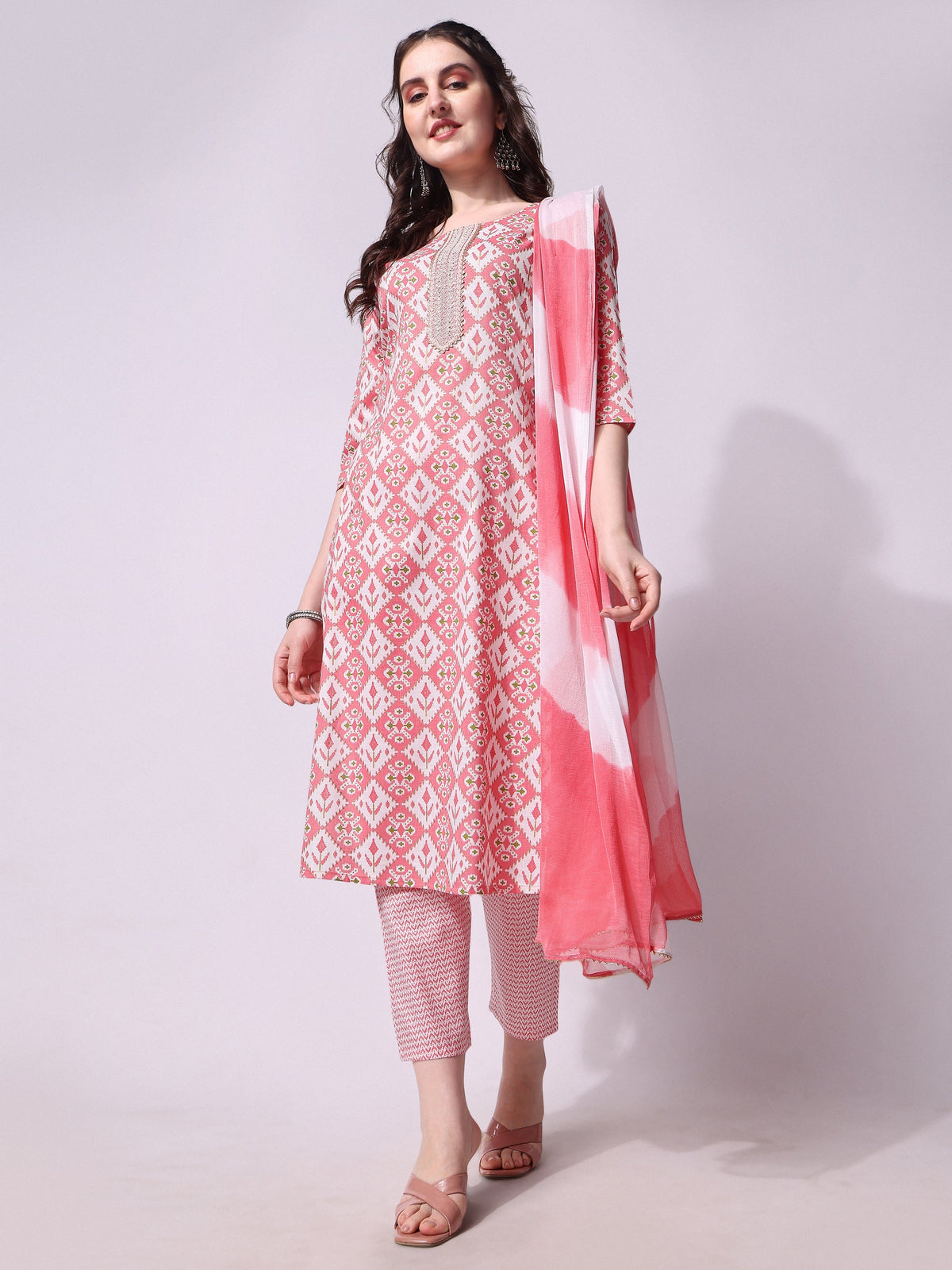 Multicolor printed rayon kurta with matching pants and dupatta set