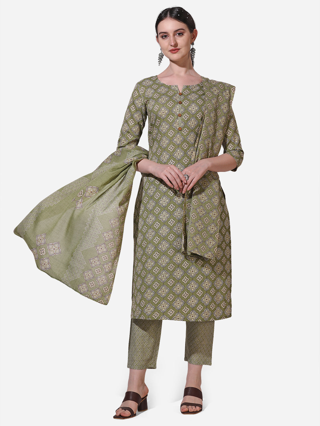 Model wearing a multicolor floral printed kurta set with matching pants and dupatta.