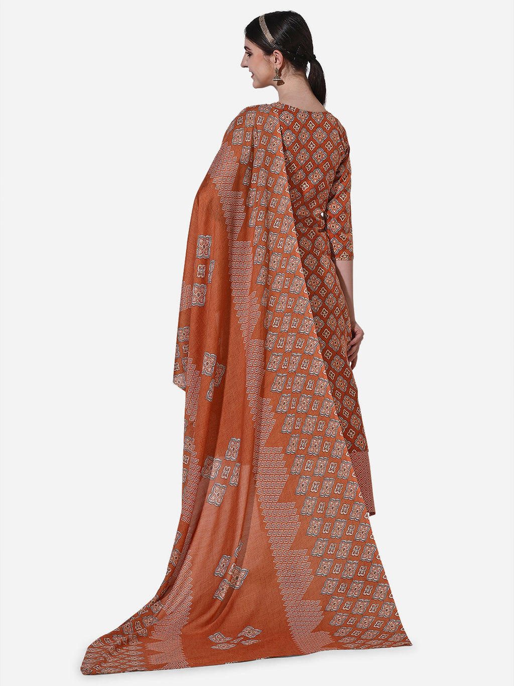 Floral Printed Rust Kurta with Pant and Dupatta Set