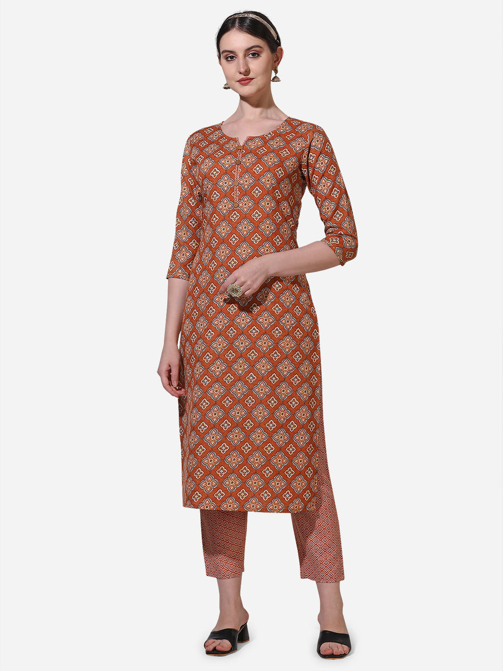 Floral Printed Rust Kurta with Pant and Dupatta Set