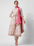 Model wearing a multicolor printed Anarkali kurta set with matching pants and dupatta.
