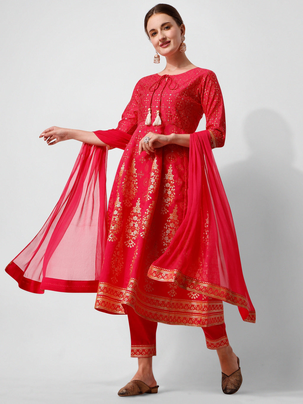 Multicolor Anarkali kurta set with pants and dupatta in soft rayon fabric