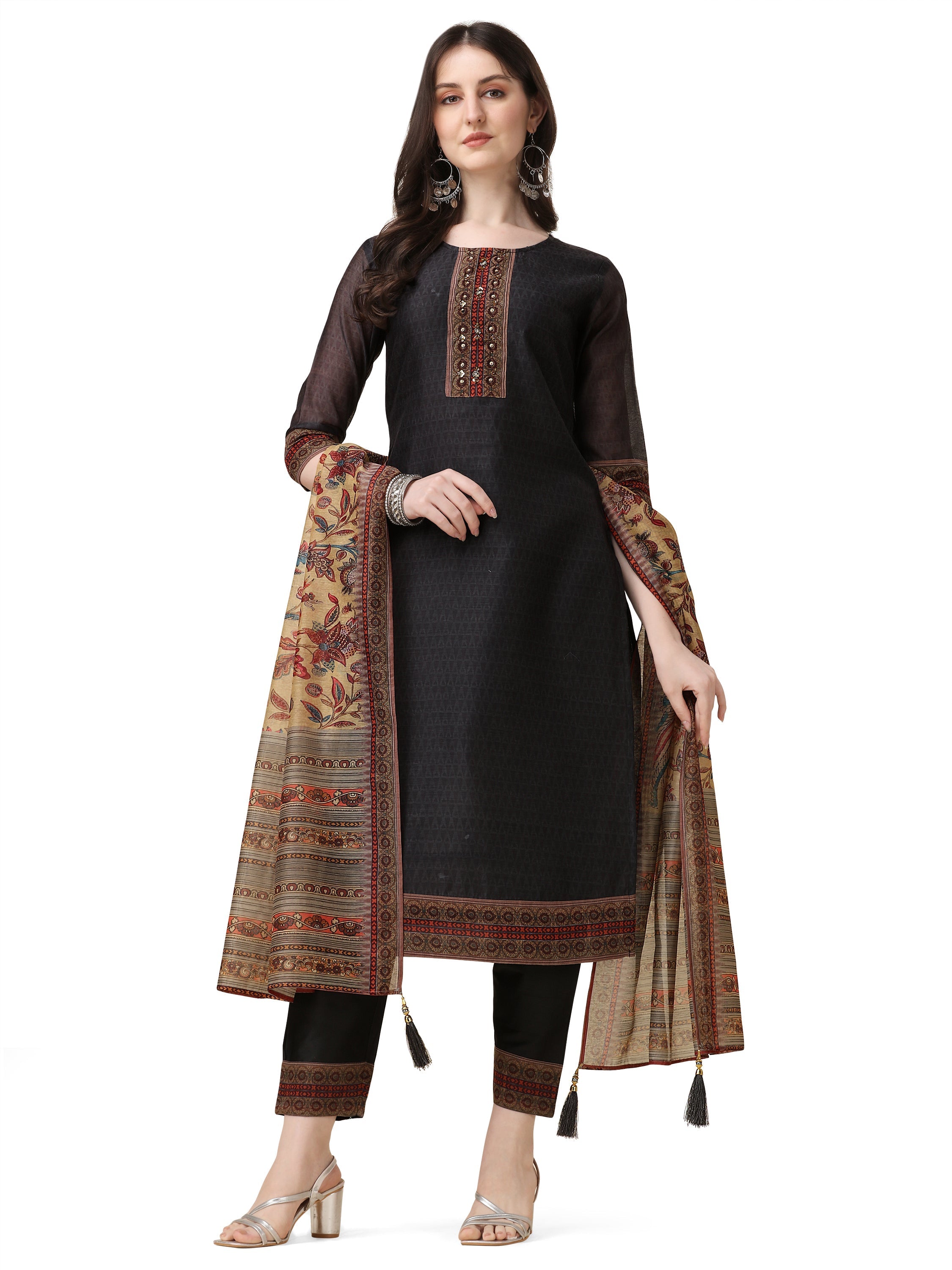 Multicolor Embroidered Rayon Kurta Set with Dupatta