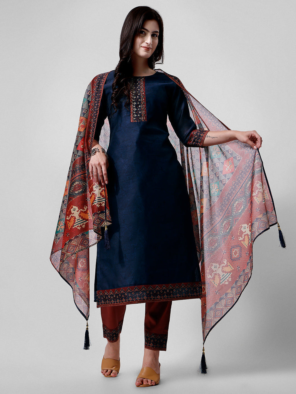 Multicolor embroidered kurta with matching pants and printed dupatta set in soft rayon fabric